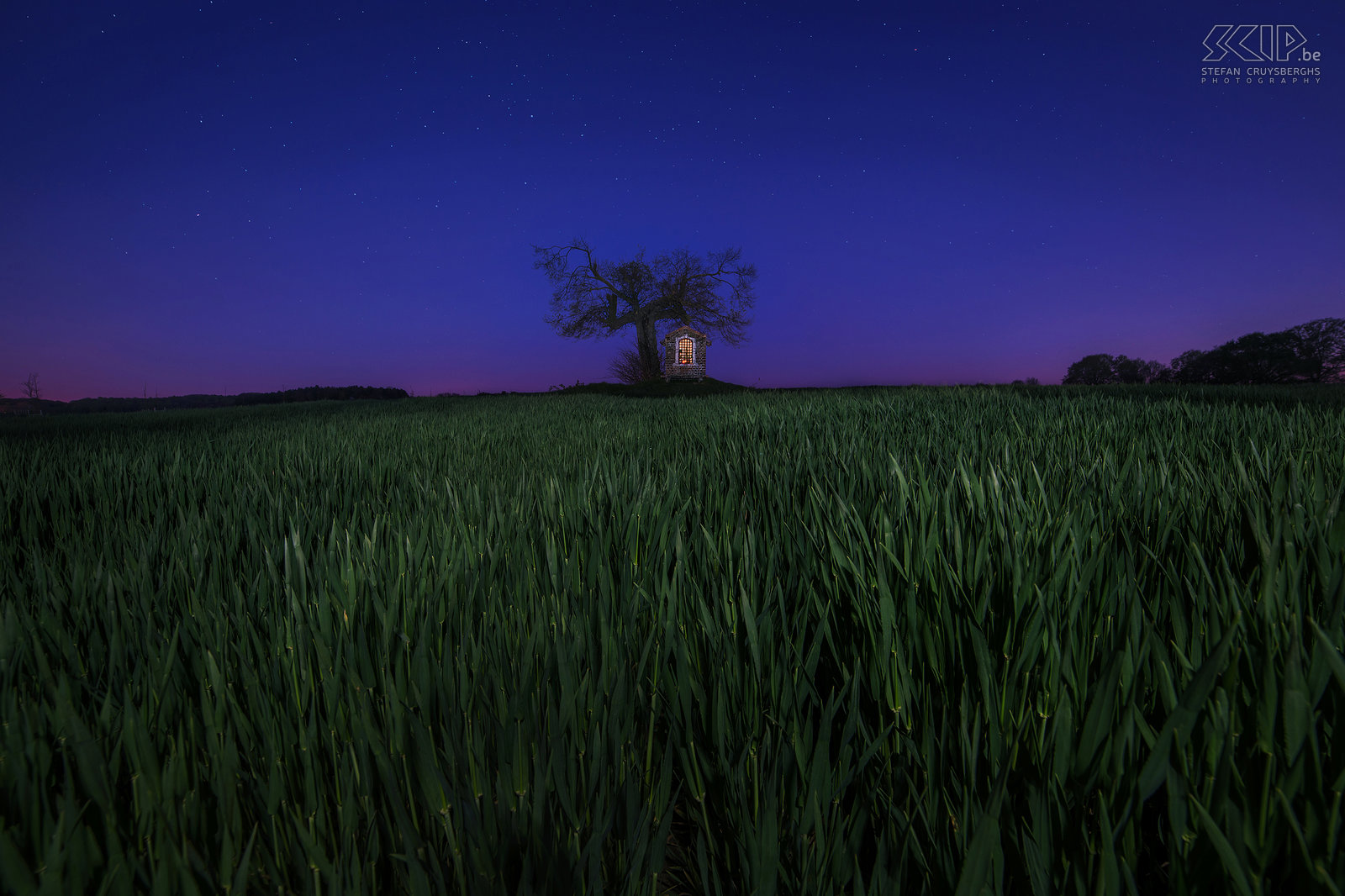 Sint-Pieters-Rode - Saint Joseph's chapel at night Under an old lime tree in the middle of the fields in the village of Sint-Pieters-Rode the Saint Joseph's chapel is located. The simple chapel consists of bricks and a sandstone frame. It dates from the early 19th century. Stefan Cruysberghs